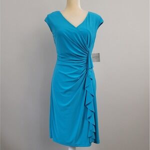 KASPER Size 8 Teal Blue V-Neck Cascading Ruffle Jersey Knit Ruched Sheath Dress